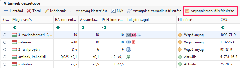 Anyagok manuális frissítése