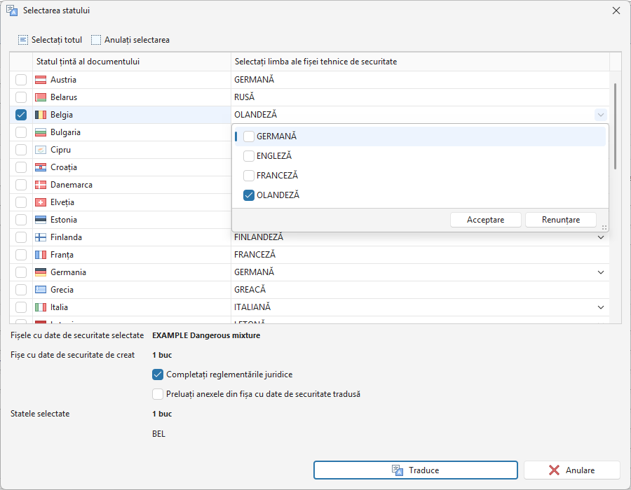 Selectarea limbilor pentru traducere