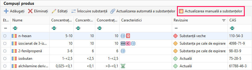 Actualizarea manuală a substanțelor